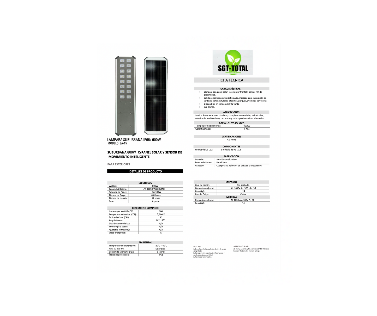Lampara solar 600w Alta luminocidad - Luminaria solar 600w Alta luminocidad