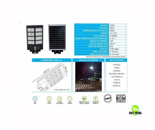 LAMPARA LED 200W PANEL SOLAR ESTANDAR SLIM ALUMBRADO PUBLICO CON CONTROL REMOTO