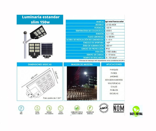 LAMPARA LED 150W PANEL SOLAR ESTANDAR SLIM - PESOS ALUMBRADO PUBLICO CON CONTROL REMOTO