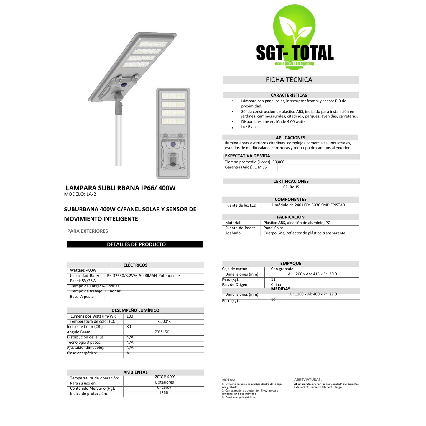 L - Modelos Estandar pro solar 300w , Luminarias solares de gama alta