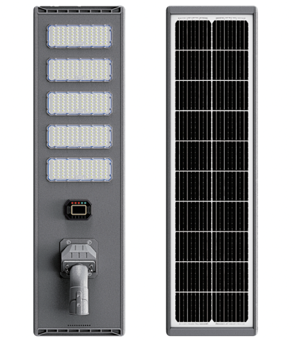 Lámpara solar suburbana autónoma de 500 W: vista frontal de cinco módulos LED y panel solar posterior