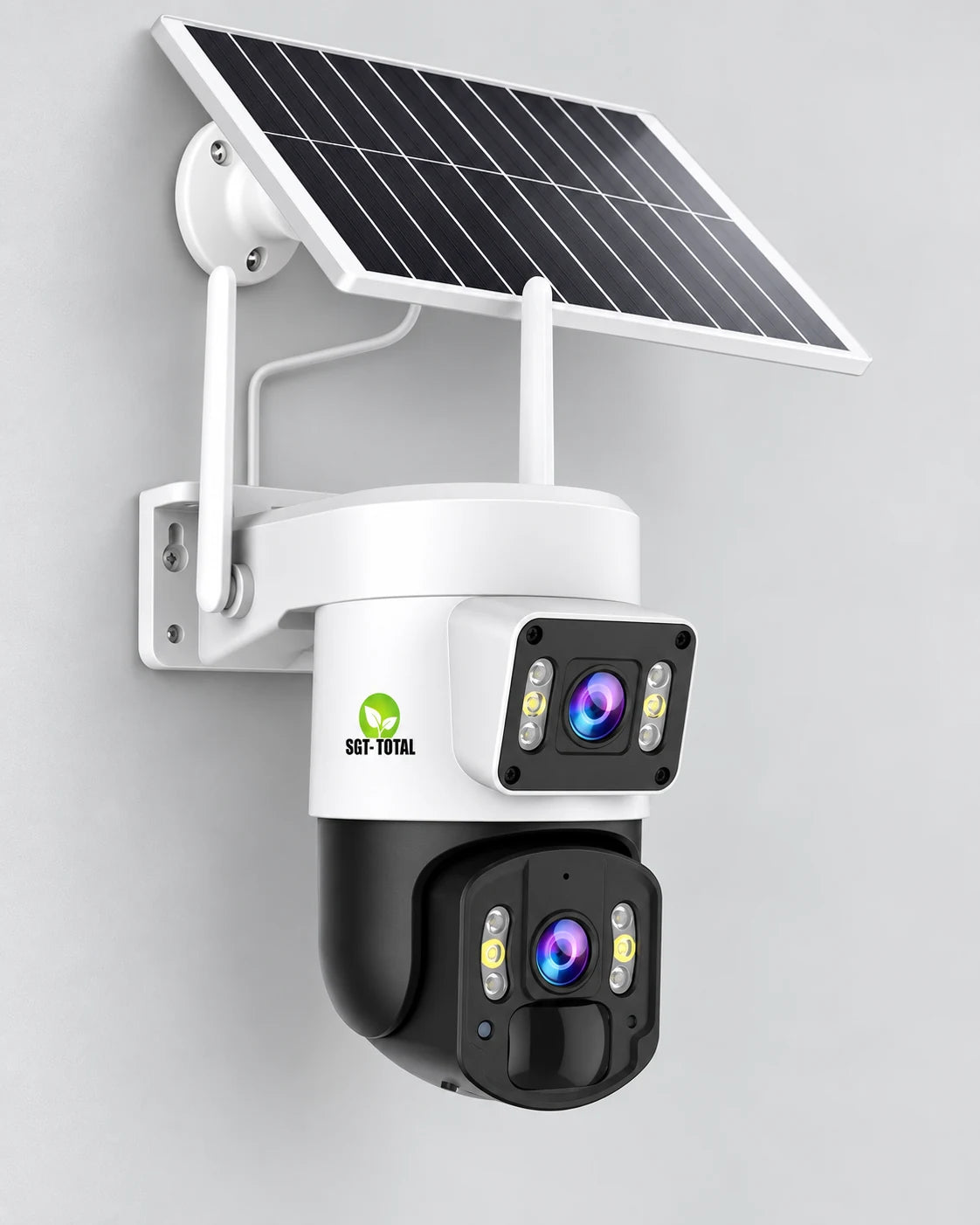 Cámara solar SGT Total de doble lente con panel solar; imagen retocada del producto